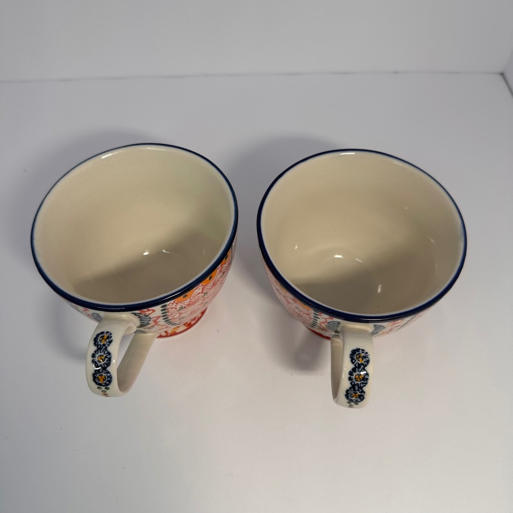 Anthropologie Bird Logo Footed‎ Mugs Set of 2 Multicolor Folk Art Ceramic Cups - Picture 4 of 6